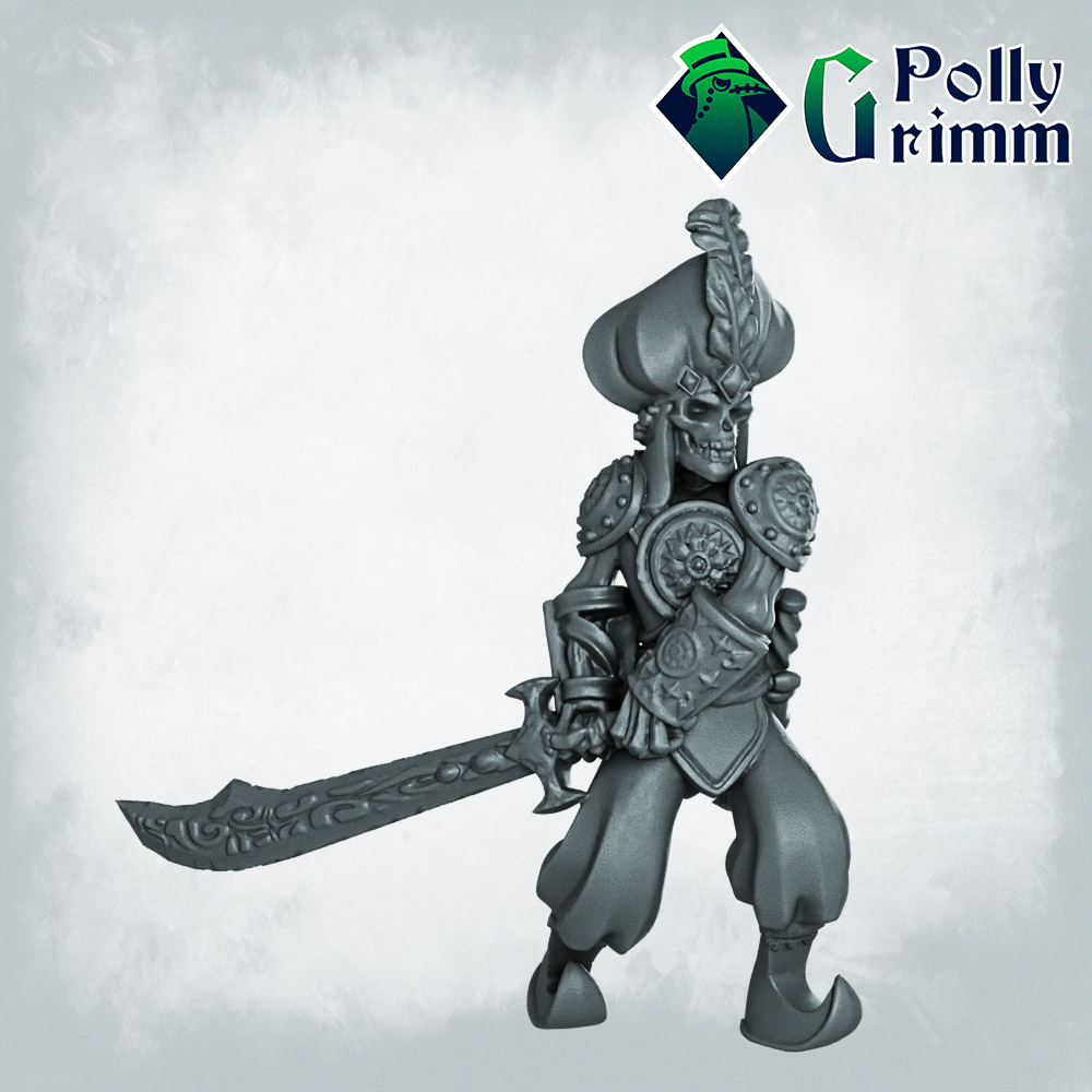 Fantasy and historic miniatures for tabletop games. Arabian Nightmare. Skeleton army. Soldier with two-handed scimitar